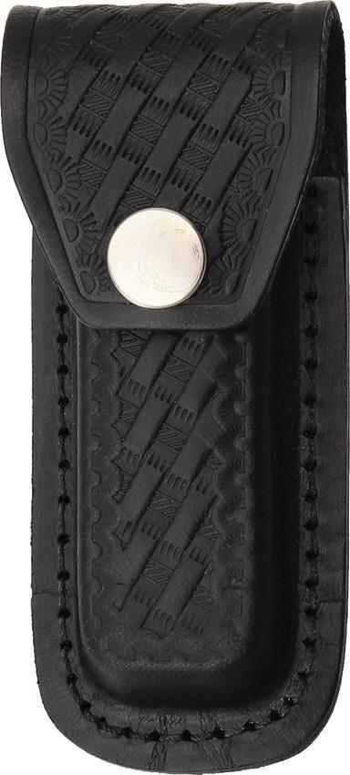 Sheath Folding Knife Black Leather Embossed Basketweave Design Fits 4