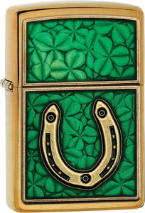 Zippo Lighter Horseshoe Green Clovers Good Luck Windless USA Made