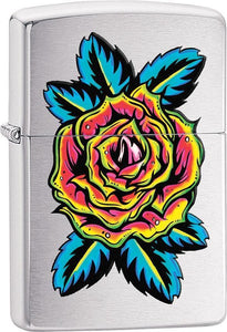 Zippo Lighter Flower Tattoo Brushed Chrome Windproof USA New