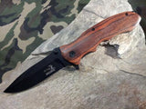 8" Elk Ridge Folding Spring Assist Brown Wood Hunting Black Knife - a160bw
