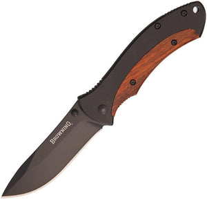 Browning Linerlock Brown Wood Insert Handle Black Folding Drop Blade Knife
