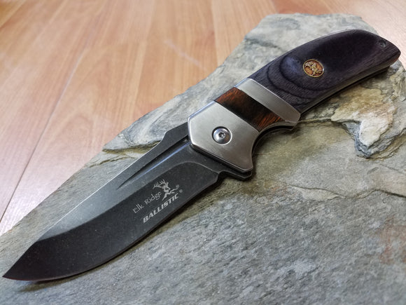 Elk Ridge Grey Wood Folding Assisted Open Pocket Knife Stonewash Drop Pt - A167GY