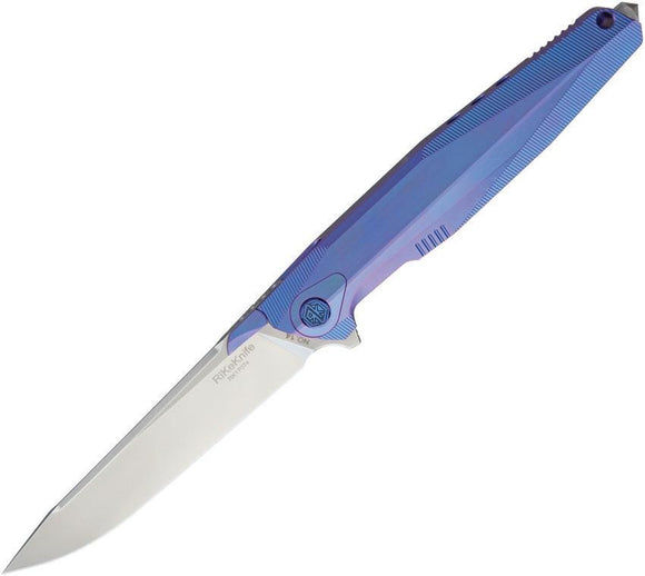 Rike Framelock Titanium Blue Handle M390 Stainless Folding Drop Knife