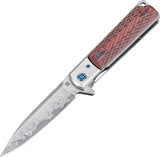 Artisan Classic Linerlock Damascus Steel Red G10 Handle Folding Knife