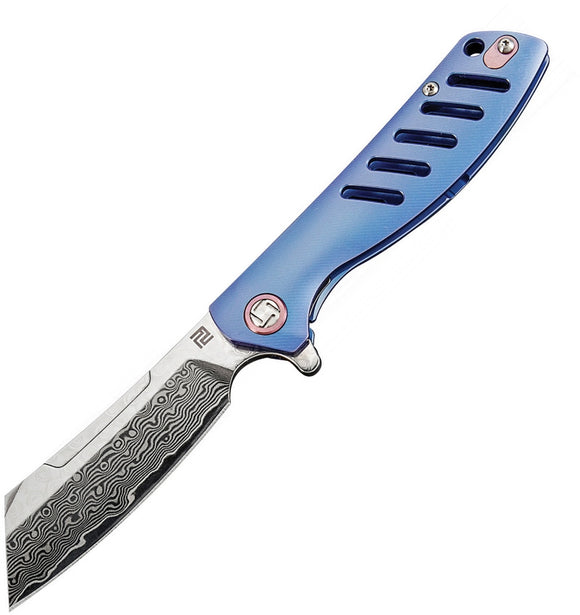Artisan Cutlery Tomahawk Framelock Blue Damascus folding Knife