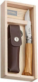 Opinel No 8 Olive Wood Etched Handle Folding Pocket Knife + Leather Sheath 01004