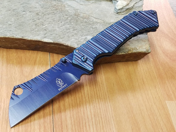 Buckshot Cleaver Framelock Blue Assisted Open Folding Pocket Knife 205BT