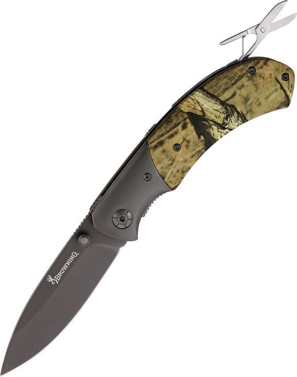 Browning Tagged Out Linerlock Mossy Oak Camo Handle Folding Drop Blade Knife