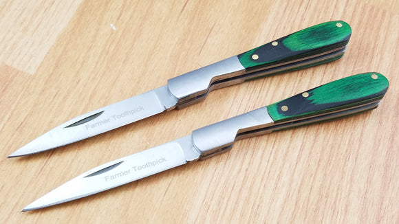 Farmer Toothpick LOT OF 2 Green Wood Folding Knife 212071FR-2