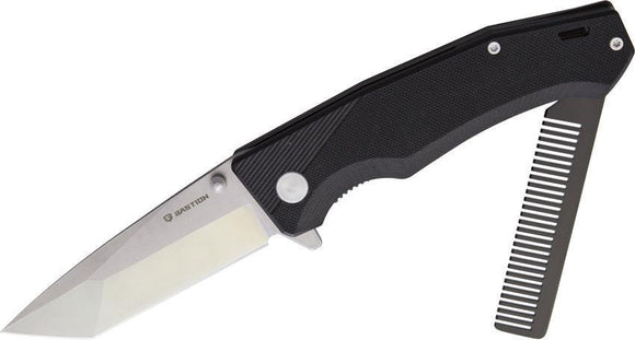 Bastion Linerlock Black G10 Handle Stainless Tanto Knife w/ Folding Comb