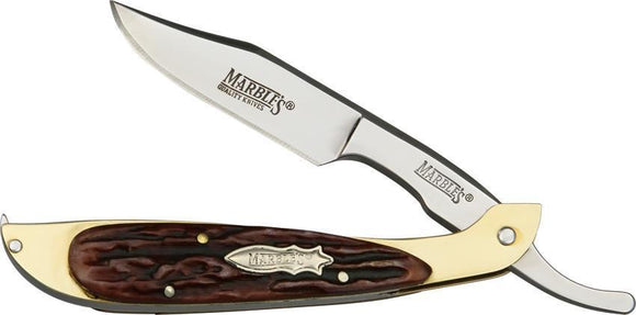 Marbles Sportsmans Razor Folding Knife Brown Bone Handle Clip Blade