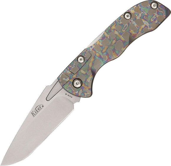 Kizer Lockback Titanium Blue Anodized Knife Pocket AUS-8 Clip Pt Folding Blade Knife