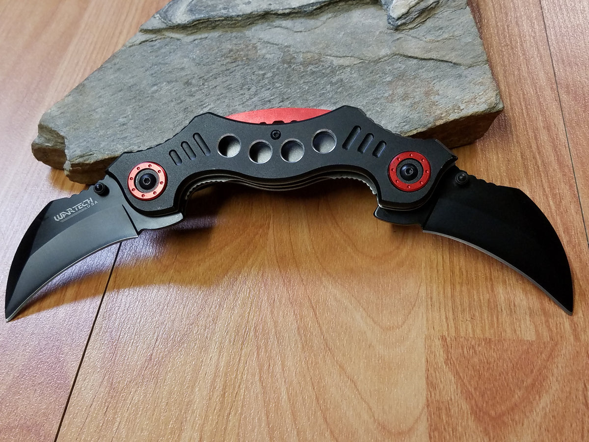 Dual Blade Black and Red Hawkbill Karambit Pocket Knife - 3645bk ...