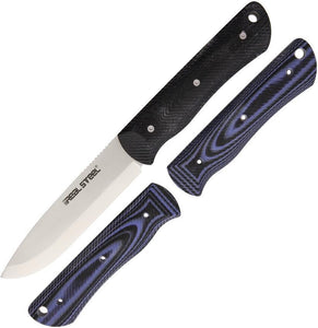 Real Steel Fixed Knife 4" Scandi Grind Blade Black & Blue Set Handles