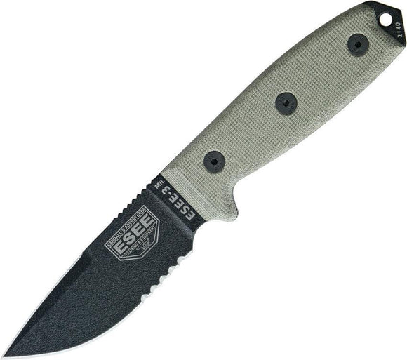 ESEE Model 3MIL Part Serrated Black Fixed Blade Light Green Handle Knife