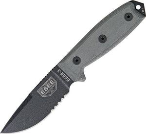 ESEE Model 3 Part Serrated Edge Fixed Blade "Super Tuff" Black Handle Knife
