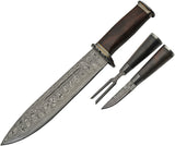 Damascus Three Piece Damascus Wood Handle Bowie Set 3pc 1237