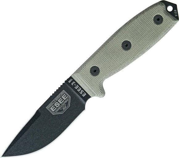 ESEE Model 3MIL Plain Black Fixed Blade OD Green Handle Knife w/ Sheath