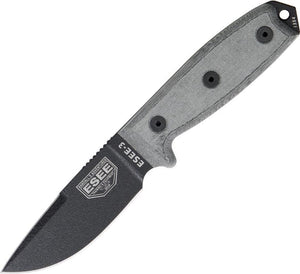 ESEE Model 3 Standard Edge Black Micarta Fixed Blade Knife + Brown Sheath