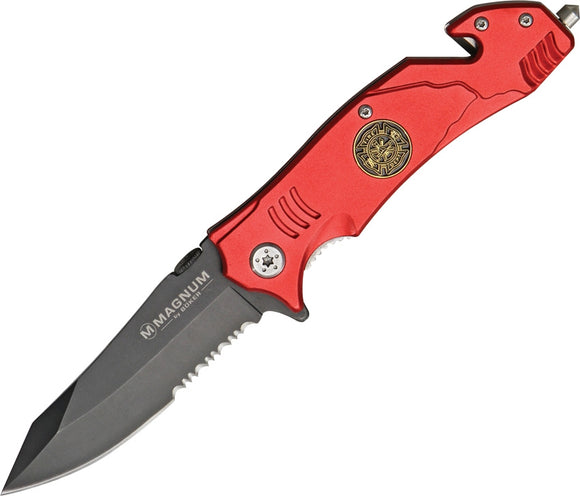 Boker Magnum Red Fire Fighter Rescue Linerlock Folding Pocket Knife