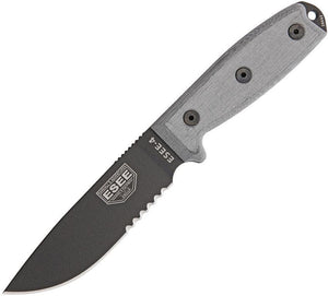 ESEE Model 4 Stainless Serrated Fixed Blade Black Handle Knife