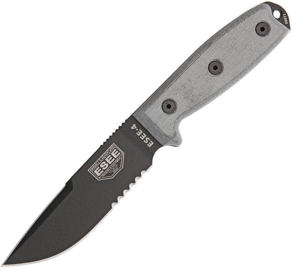 ESEE Model 4 Carbon Steel Serrated Fixed Drop Pt Blade Black Handle Knife
