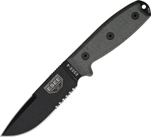 ESEE Model 4 Part Serrated Fixed Clip Blade Black Handle Knife