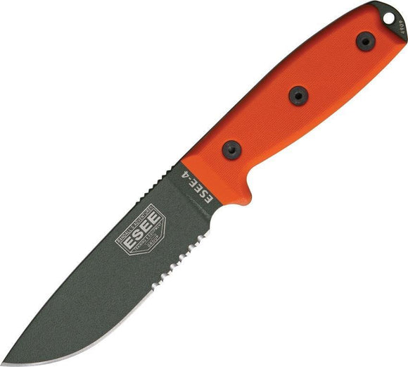 ESEE Model 4 Part Serrated Fixed Foliage Green Blade Orange Handle Knife
