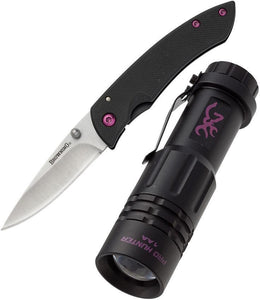Browning Pro Hunter Pink & Black Folding Drop Knife & LED Flashlight Combo