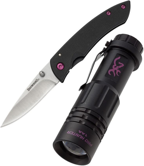 Browning Pro Hunter Pink & Black Folding Drop Knife & LED Flashlight Combo
