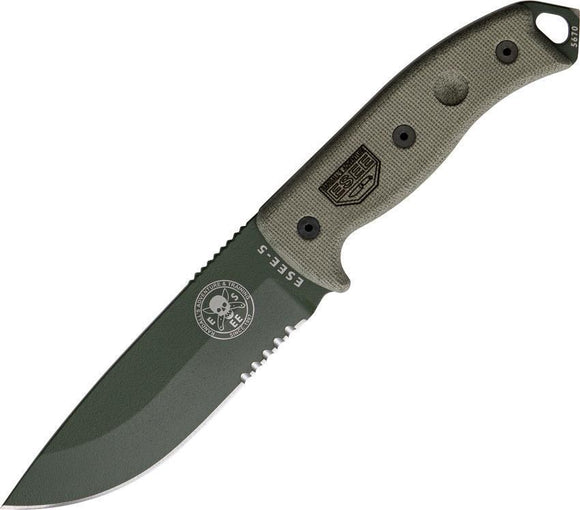 ESEE Model 5 OD Green Canvas Handle Black Part Serrated Fixed Blade Knife