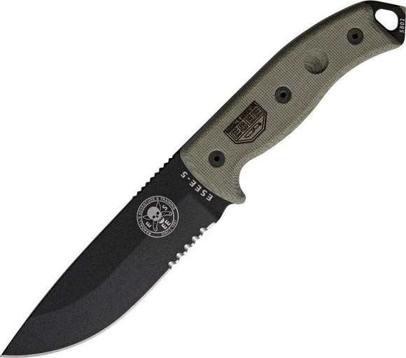 ESEE Model 5 Part Serrated Fixed Black Blade Green Canvas Handle Knife