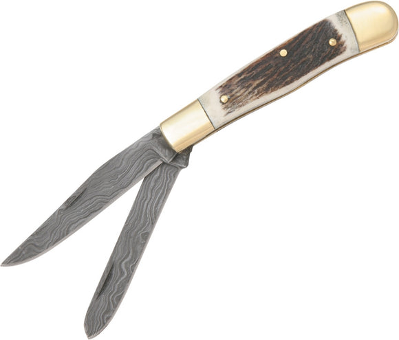 Fox N Hound Damascus Folding Trapper Knife W/ Stag Handle 614