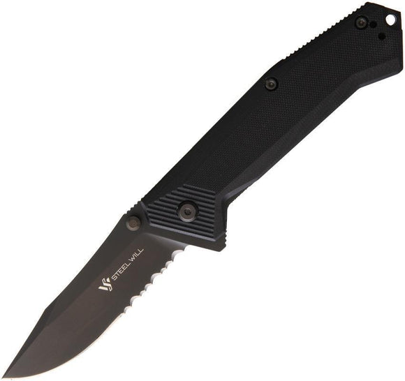Steel Will Onrush 632S Linerlock Black Handle Folding Serrated Blade Knife