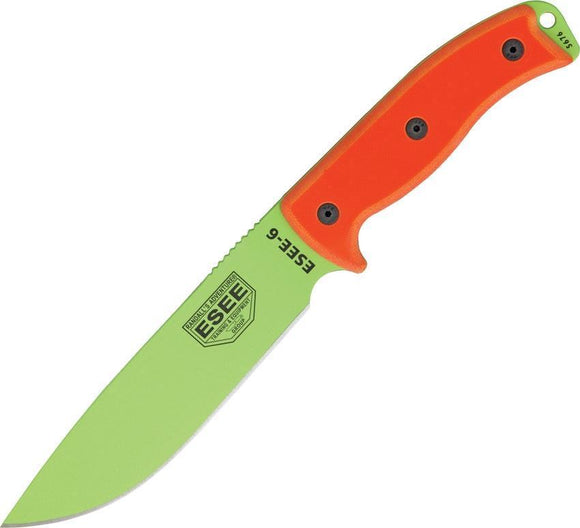 ESEE Model 6 Plain Edge Green Fixed Blade Orange Handle Knife