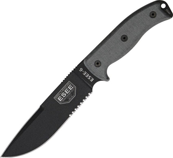 ESEE Model 6 Black Handle Part Serrated Fixed Carbon Steel Blade Knife