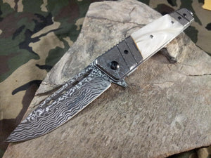 Tac Force Tactical Folding  Spring Assisted Damascus Pocket Knife Mop Pearl - 704wp
