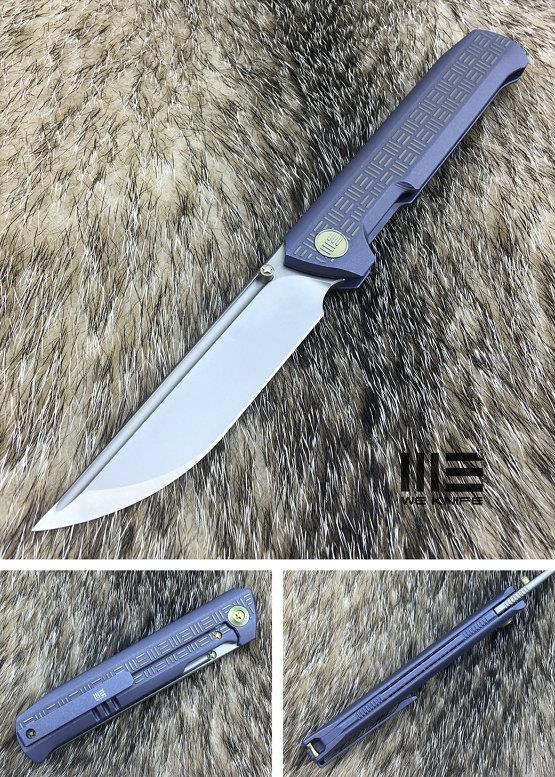 WE KNIFE Co Straight Up Blue Handle Folding Knife Satin M390 EDC Framelock