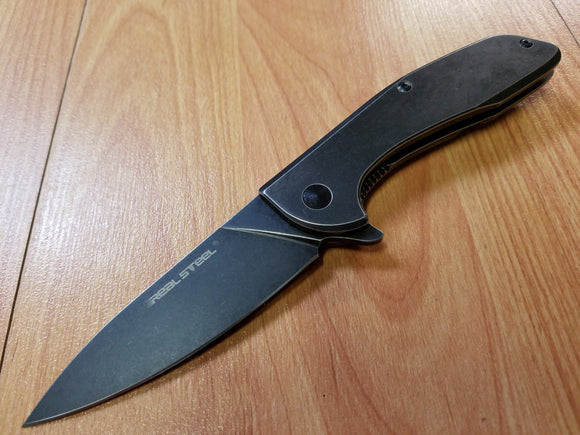 Real Steel E571  Black Knife - Stonewash Flipper Blade - 7132