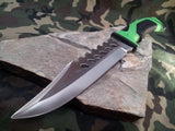 12" Green Fixed Satin Blade Bowie Knife - Sawback + Plain Edge - 792BG