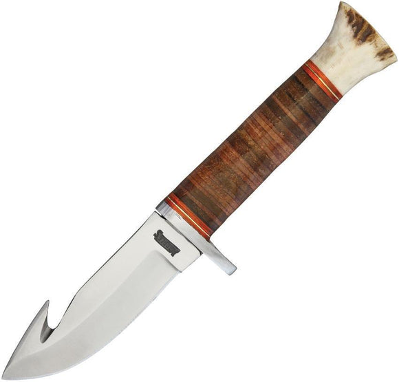 Marbles Guthook Stacked Leather Stag Satin Stainless Fixed Blade Knife 8