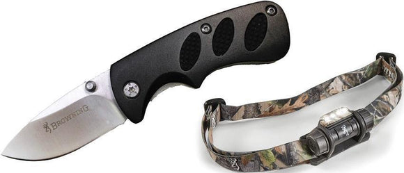Browning Linerlock Black Handle Folding Knife & LED Headlamp Light Combo