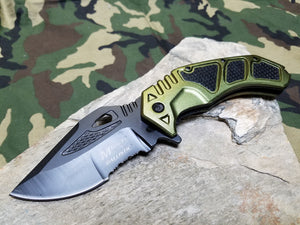 8" MTech Folding Knife Tactical Assisted A/O Green Stainless 1/2 Serrated - a873gn