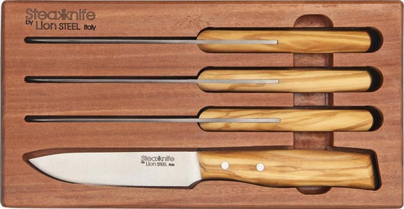 Lion Steel Four Piece Steak Knife Set Olive Wood W/ Cedar Storage Block