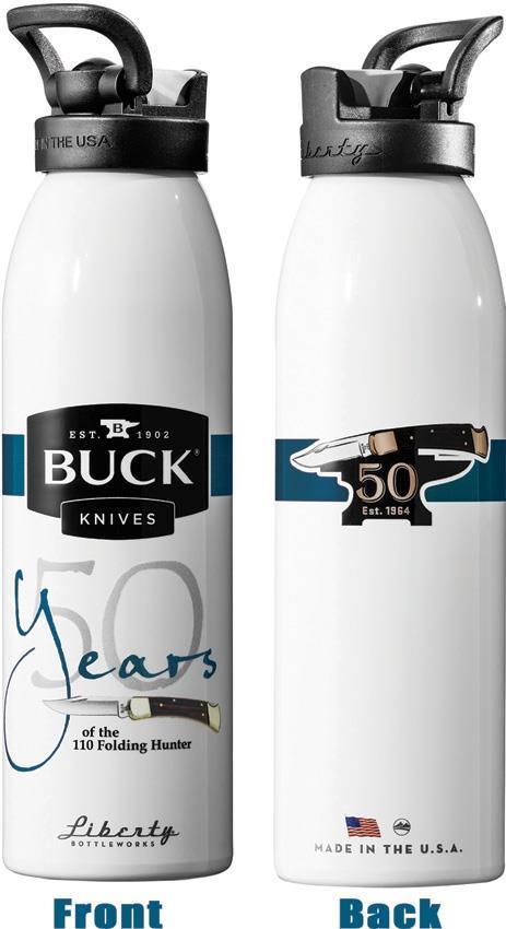 BUCK Knives Logo 50th Anniversary Model 110 White Aluminum Water Bottle