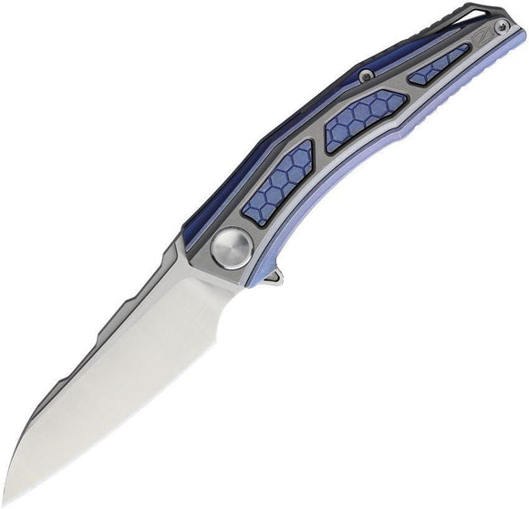 Stedemon Jenova Framelock Blue Titanium Handle Folding Satin Blade Knife