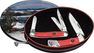 Roper Knives 2pc Red Lockback & 3 blade Folding Pocket Knife Set in Christmas Tin 51s1r