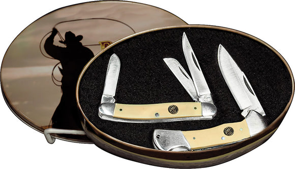 Roper Knives 2pc Yellow Lockback & 3 blade Folding Pocket Knife Set with Tin 51sy1