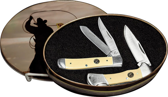 Roper Knives 2pc Yellow Set Lockback & 2 blade Trapper Folding Pocket Knife Set in Tin 51s2y