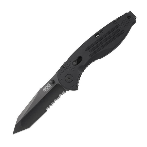 SOG Aegis A/O TiNi Tanto AUS-8 Piston Lock Serrated Folding Black Knife